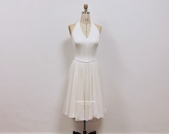 White Halter V-neck Marilyn Dress, 1960s Style Dress