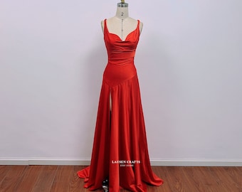 Red Satin Dress Solange, Red Satin Formal Prom Dress, Satin Gown