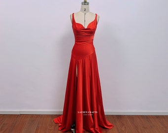 Red Satin Dress Solange, Red Satin Formal Prom Dress, Satin Gown