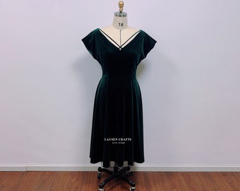 Dark Green Velvet Dress | Midi Length Velvet Dress | White Christmas Green Dress | Custom Wedding Guest Dress