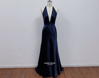 Paloma Navy Satin Dress, Navy Satin Formal Prom Dress, Halter V-neck Satin Gown