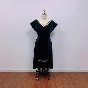 Dark Green Velvet Dress | Midi Length Velvet Dress | White Christmas Green Dress | Custom Wedding Guest Dress