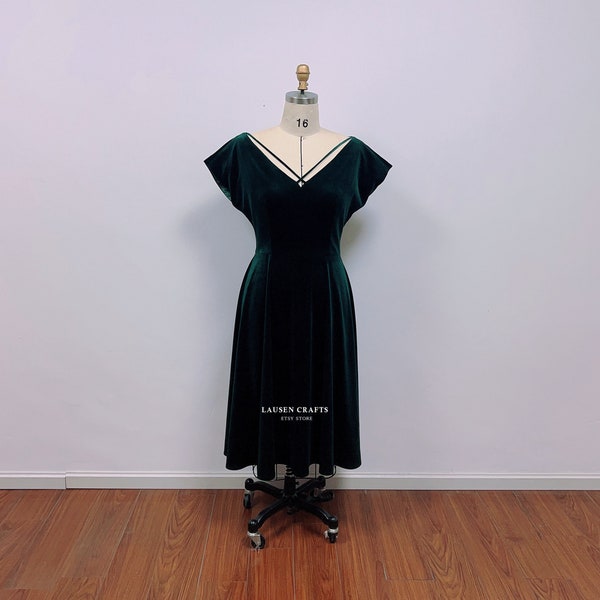 Dark Green Velvet Dress | Midi Length Velvet Dress | White Christmas Green Dress | Custom Wedding Guest Dress