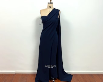 Dark Navy Jumpsuit met één schouder met Cape, formele bruiloft jumpsuit