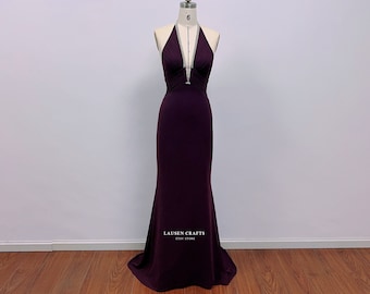 Vesper Purple Dress, Halter V-neck Formal Evening Gown, Purple Mermaid Dress