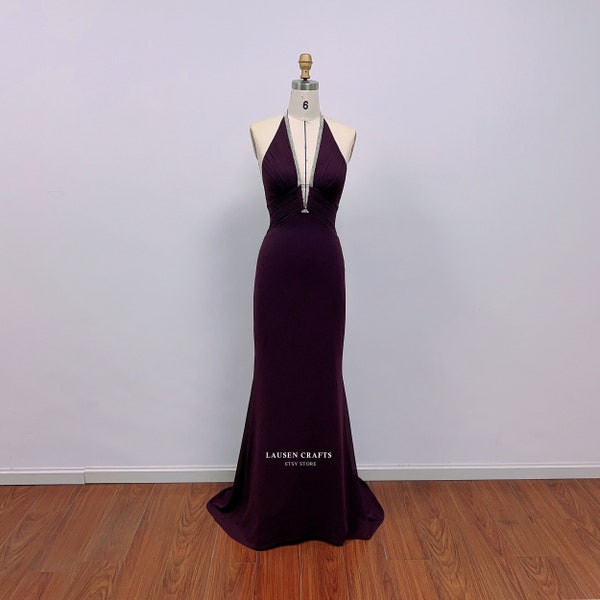 Vesper Purple Dress, Halter V-neck Formal Evening Gown, Purple Mermaid Dress