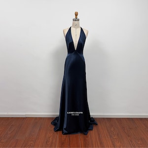 Paloma Navy Satin Dress, Navy Satin Formal Prom Dress, Halter V-neck Satin Gown image 5