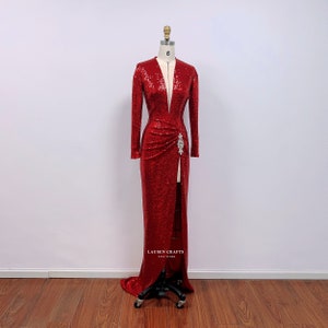 Red Sequin Dress Marilyn, Long-sleeve Sequin Dress, Red Sequin Gown