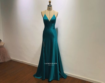 Elvira Hancock Scarface Costume Teal Blue Satin V-neck Formal Prom Party Dress with Slit