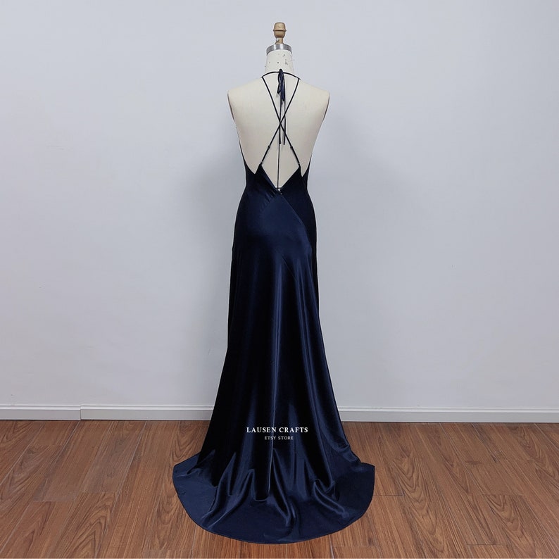 Elegant Navy Satin Halter Neck Prom Dress Sexy Backless Floor Length Formal Gown,OLP1747