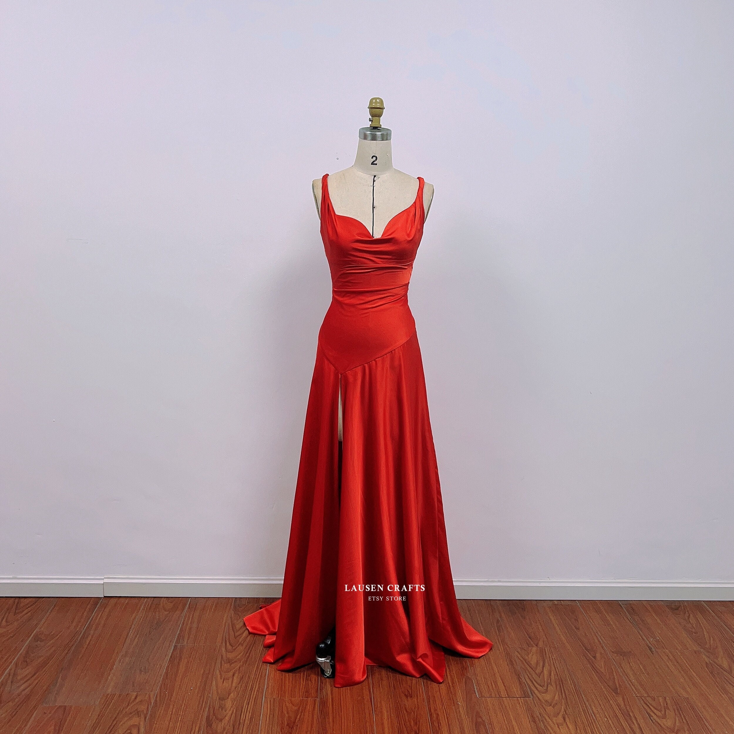Women's vibrant red satin bodice evening gown with floral printed rich satin  skirt