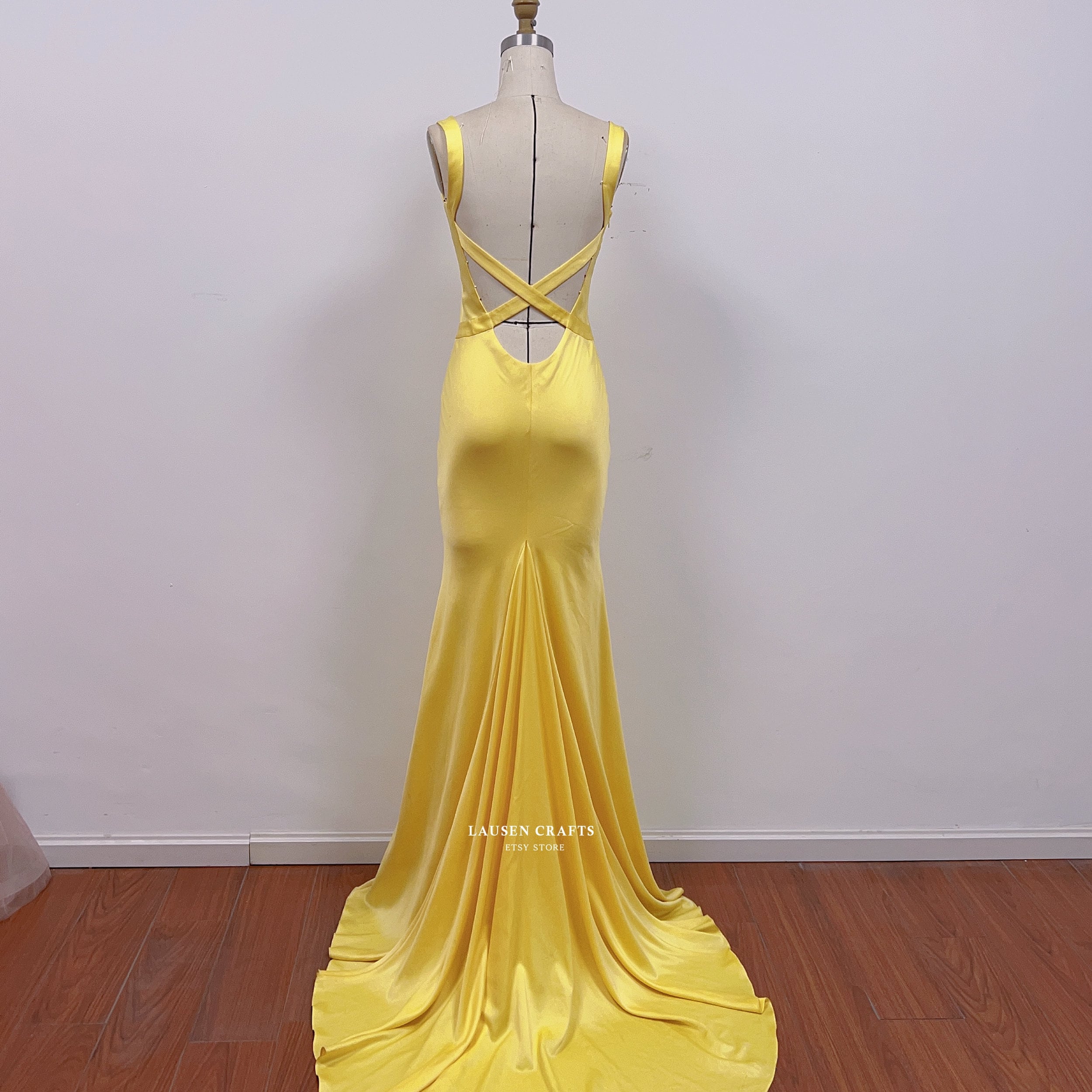 open lace back dress Yellow Prom Dresses Off The Shoulder Front Slit main image 1