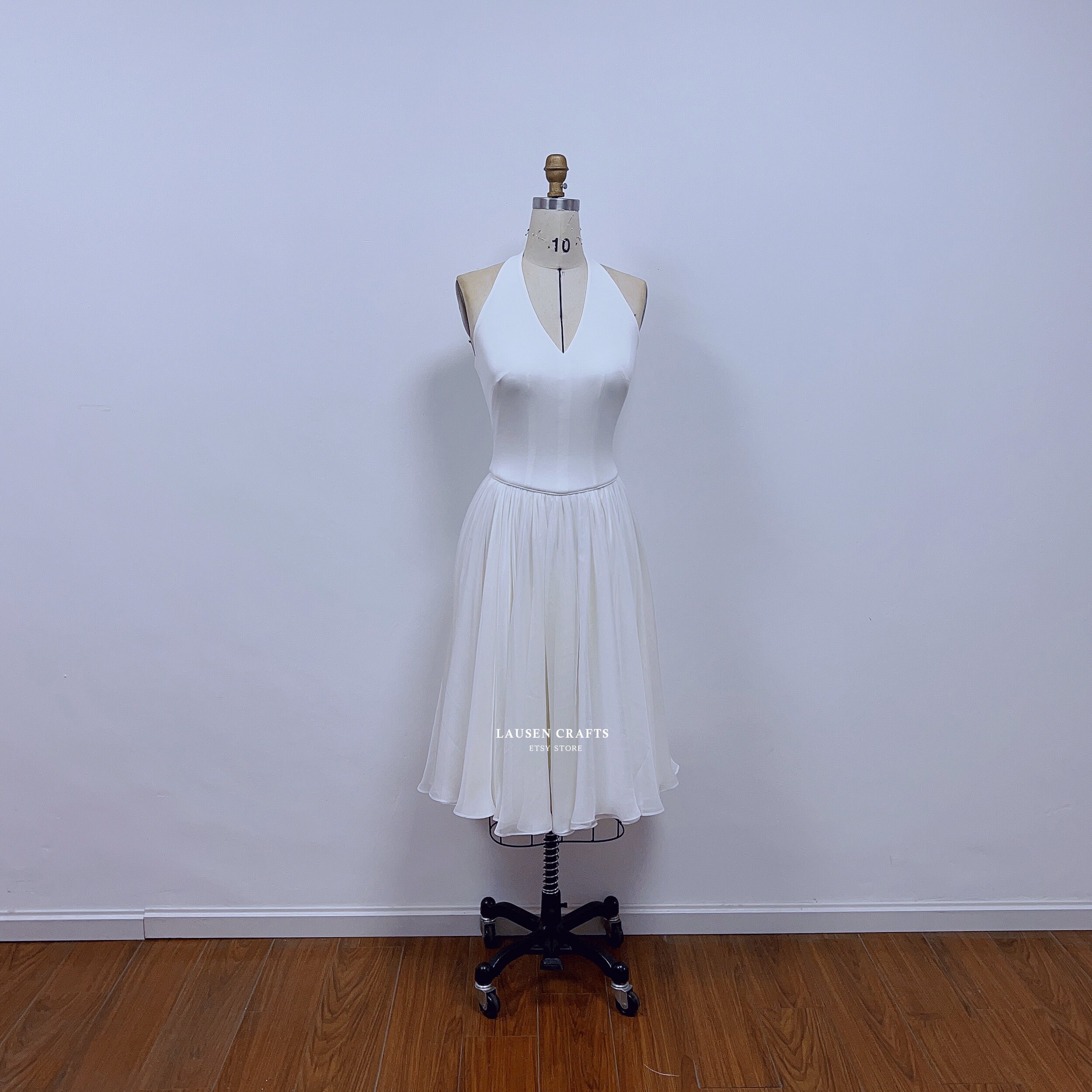 White Halter V-Neck Marilyn Dress, 1960s Style Dress