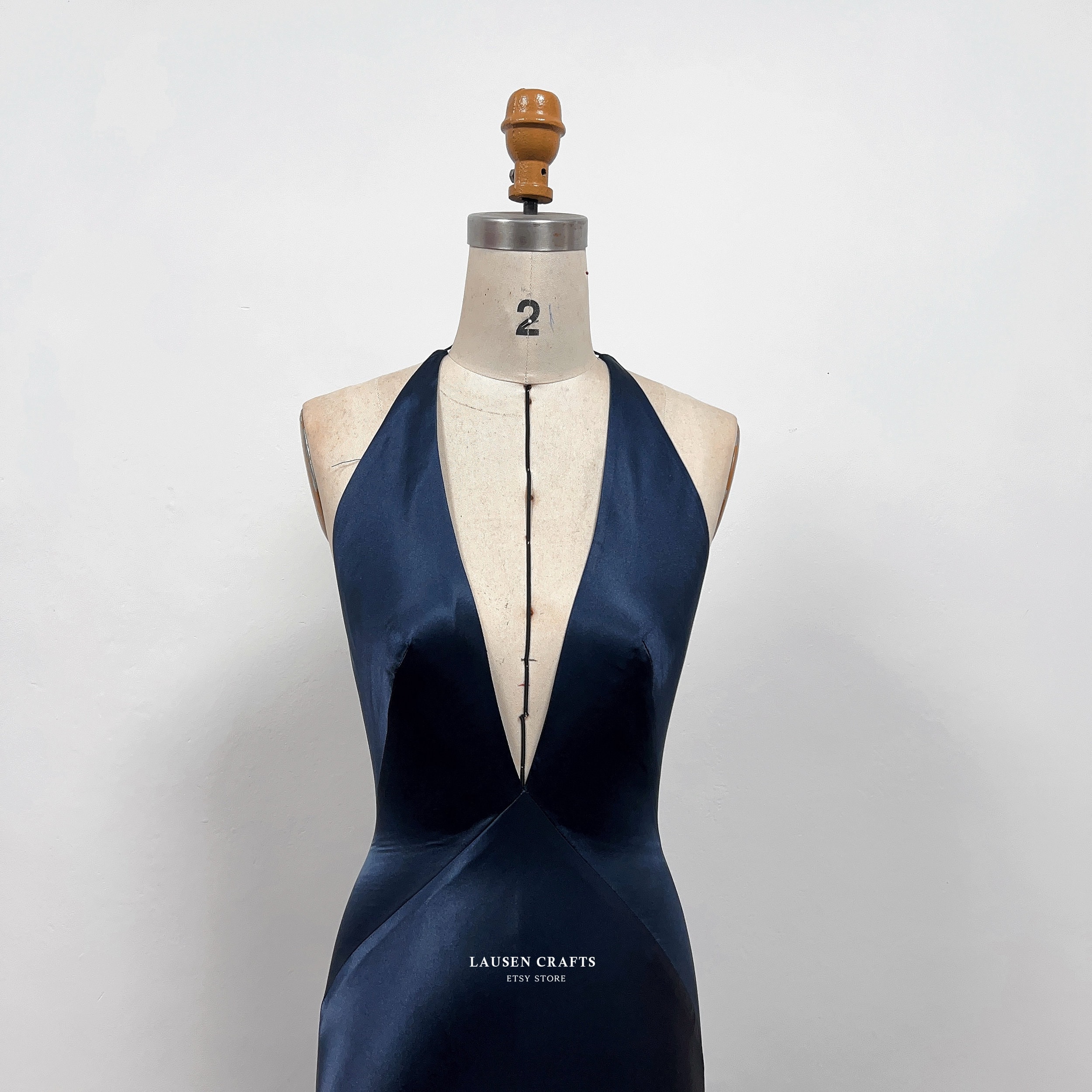 Paloma Navy Satin Dress, Navy Satin Formal Prom Dress, Halter V-neck Satin Gown