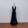Paloma Navy Satin Dress, Navy Satin Formal Prom Dress, Halter V-neck Satin Gown product logo