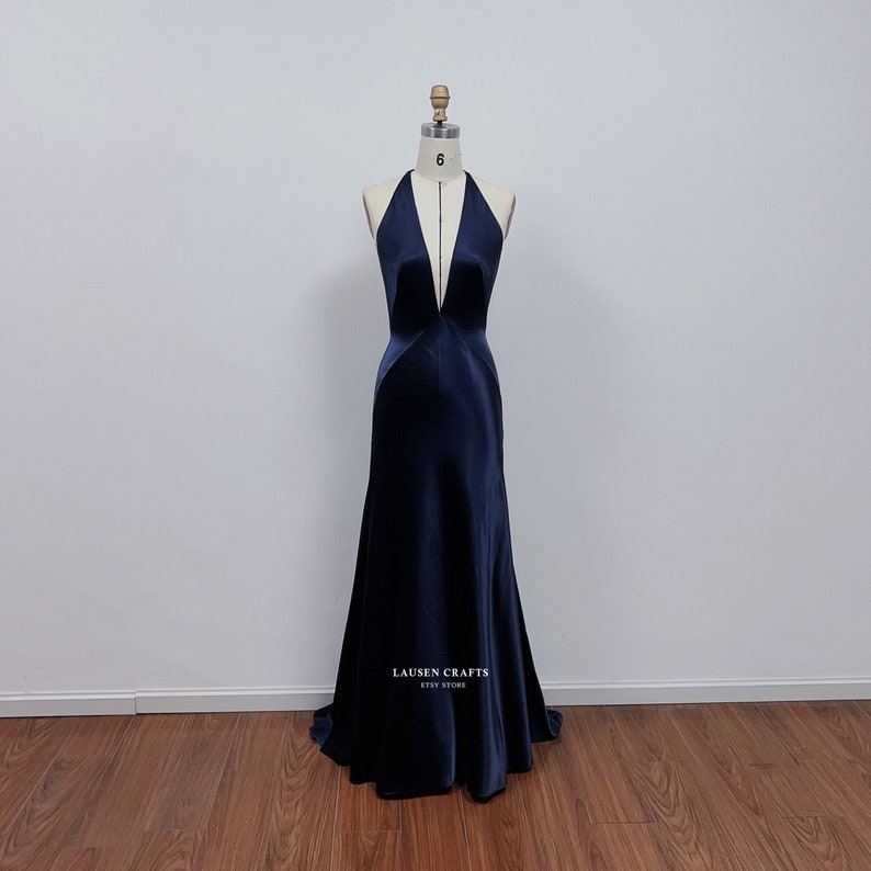 Paloma Navy Satin Dress, Navy Satin Formal Prom Dress, Halter V-neck Satin Gown image 1