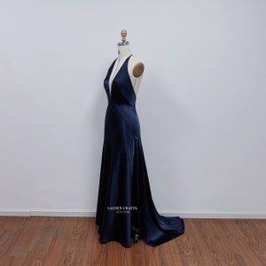 Paloma Navy Satin Dress, Navy Satin Formal Prom Dress, Halter V-neck Satin Gown image 4