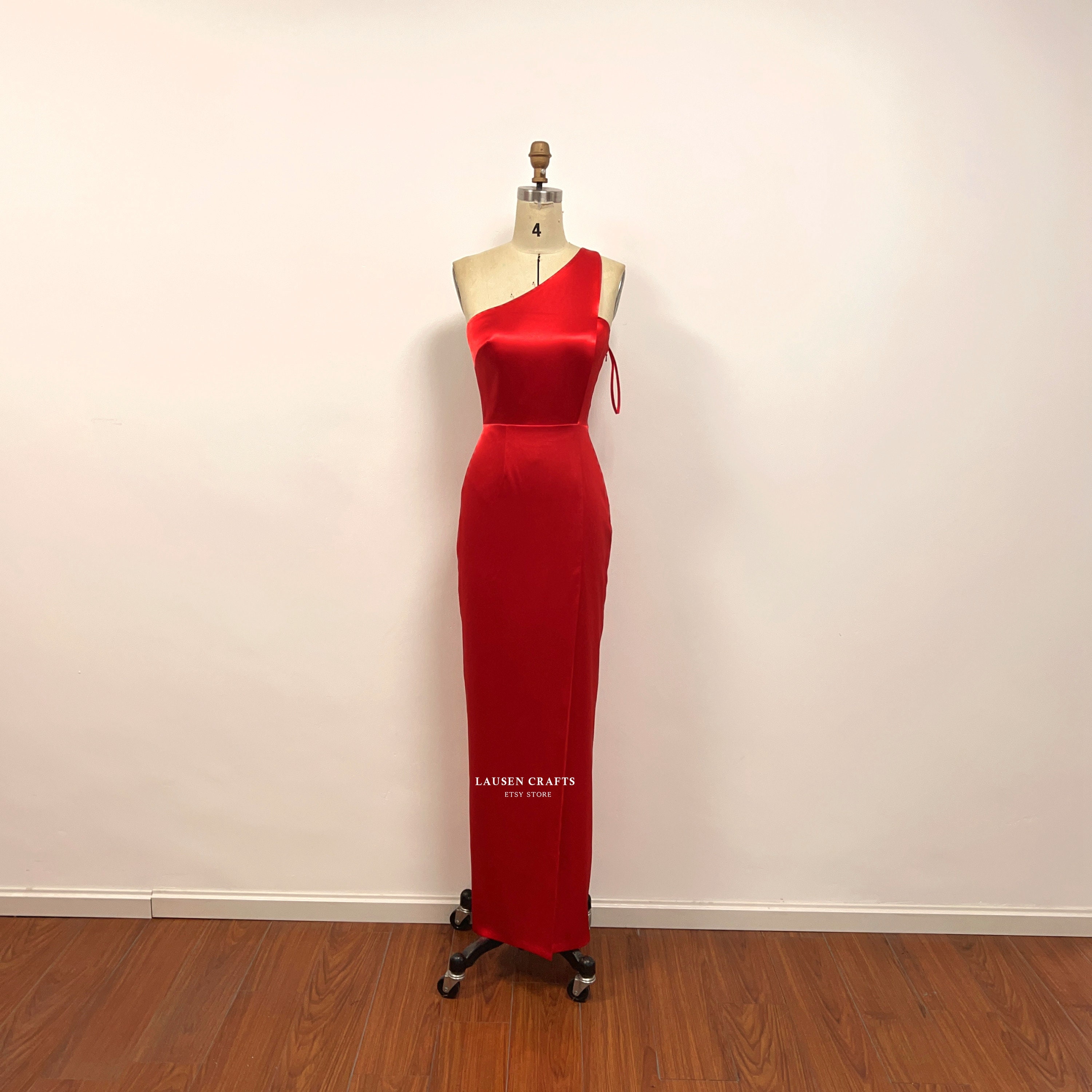 Red One-shoulder Satin Formal Prom Party Dress With Slit - Etsy Red One-shoulder Satin Formal Prom Party Dress With Slit - Etsy
