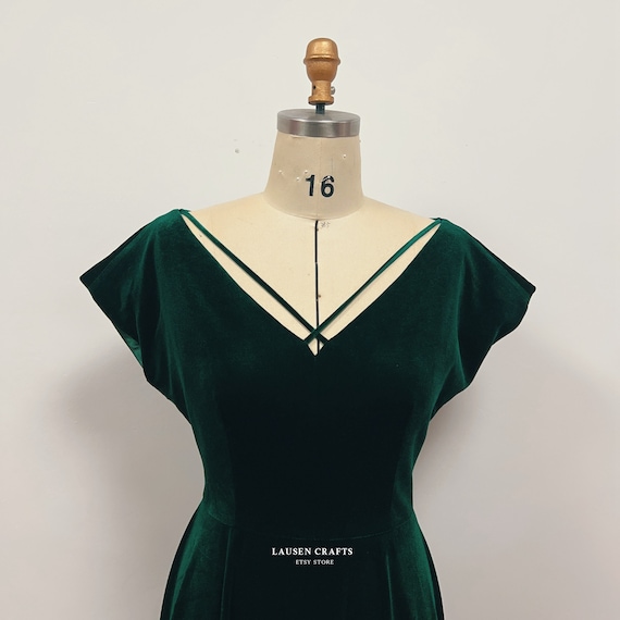 Dark Green Velvet Dress Midi Length Velvet Dress White Christmas Green Dress Custom Wedding Guest Dress Etsy