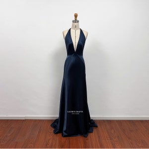 Paloma Navy Satin Dress, Navy Satin Formal Prom Dress, Halter V-neck Satin Gown image 7