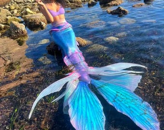 May include: A mermaid tail with iridescent blue and purple scales. The tail is spread out on a rocky beach with seaweed.