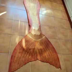 May include: A mermaid tail in shades of orange, gold, and pink, lying on a tiled floor. The tail features a detailed scale pattern and a fin-like design at the bottom. The top portion transitions from pink to gold.