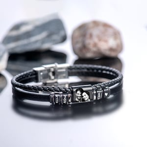 Pulsera de cuero de acero, pulsera personalizada para hombre, pulsera con grabado personalizado, pulsera con dije de nombre, regalo de aniversario para él, regalo de cumpleaños para papá