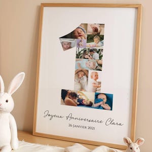 Poster collage fotografico per il primo compleanno - Numero 1 con foto - Ricordo personalizzato - Modello modificabile per il primo compleanno