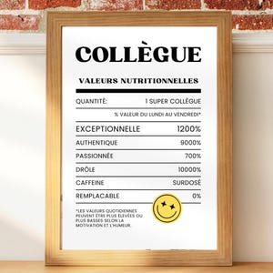 Valeurs nutritionnelles - affiche humoristique collègue homme femme pour cadeau de travail, départ retraite, secret santa ou anniversaire