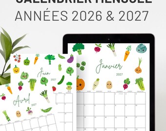 Printable A4 PDF monthly calendar for children, decorated with seasonal vegetables, for 2026-2027.
