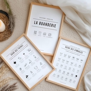 Set van 3 posters voor de wasruimte - Wasgids, symbolen voor de wasmachine - Decoratie voor de wasruimte