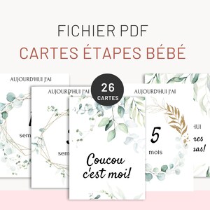 May include: A set of 26 printable baby milestone cards featuring watercolor illustrations of eucalyptus leaves and gold accents. The cards are designed to be used to document a baby's growth and development, with each card featuring a different milestone, such as "Today I am 5 months old".