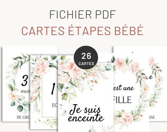 Carte étape grossesse à imprimer - Fleurs roses - Carte à imprimer Téléchargement immédiat par Les Petits PDF