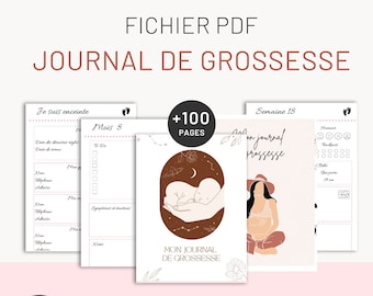Op de afbeelding: Een printbaar PDF-dagboek voor de zwangerschap met meer dan 100 pagina's. De omslag toont een bruine en witte illustratie van een hand die een baby vasthoudt. De tekst "Mon journal de grossesse" is in het Frans geschreven.