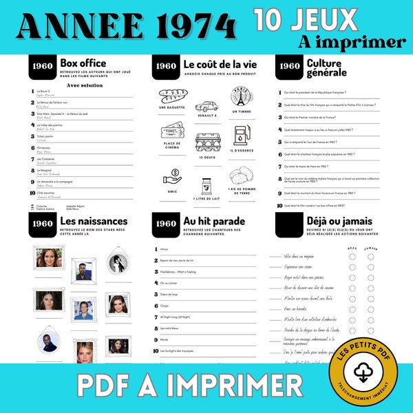 Année 1974 - 10 jeux (avec réponses) - Téléchargement immédiat idéal pour anniversaire 50 ans, mariage, EVG, EVJF ... par Les Petits PDF