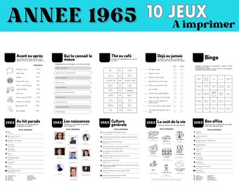 Année 1965 - 10 jeux (avec réponses) - Téléchargement immédiat idéal pour anniversaire 60 ans, mariage, EVG, EVJF ... par Les Petits PDF