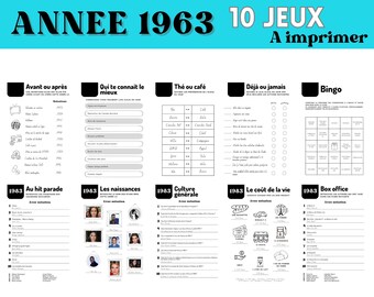 Année 1963 - 10 jeux (avec réponses) - Téléchargement immédiat idéal pour anniversaire 60 ans, mariage, EVG, EVJF ... par Les Petits PDF