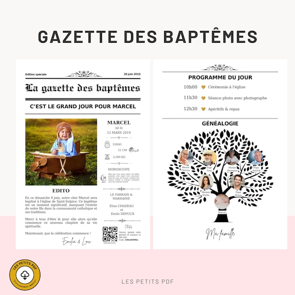La gazette du baptême  - Template & modèle Canva DIY  - Journal Personnalisable - Magazine DIY à imprimer par Les Petits PDF