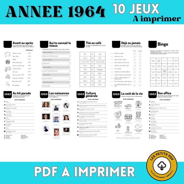 Année 1964 - 10 jeux (avec réponses) - Téléchargement immédiat idéal pour anniversaire 60 ans, mariage, EVG, EVJF ... par Les Petits PDF