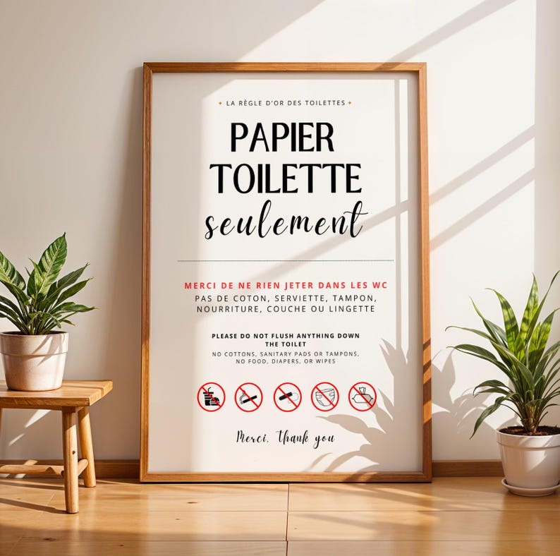 "Do not flush anything down the toilet" poster in French - Toilet sign - Sensitive drains - Wall decoration image 8