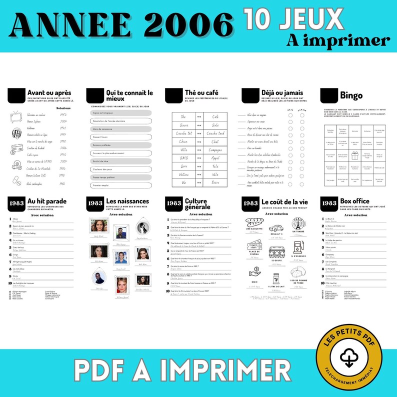 Année 2006 10 jeux avec réponses Téléchargement immédiat idéal pour anniversaire 18 ans, mariage, EVG, EVJF ... par Les Petits PDF zdjęcie 1