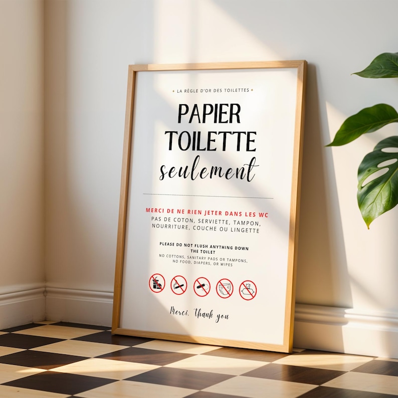 "Do not flush anything down the toilet" poster in French - Toilet sign - Sensitive drains - Wall decoration image 1