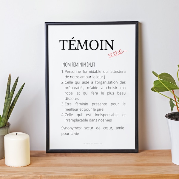 Affiche définition témoin -  cadeau pour témoin - demande originale témoin mariage - Affiche à imprimer par Les Petits PDF