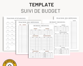 May include: Printable budget tracker template with four pages. The pages include sections for tracking savings, expenses, and a monthly budget. The pages are designed with a simple, minimalist aesthetic.