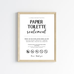 Affiche Ne rien jeter dans les WC en français - Affiche toilette canalisation sensible - Décoration Murale