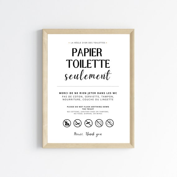 Affiche Ne rien jeter dans les WC en français - Affiche toilette canalisation sensible - Décoration Murale
