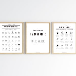 Set 3 affiches buanderie, Guide lessive - salle à lavage, symbole lave linge, Instructions pour vêtement - Décoration Murale