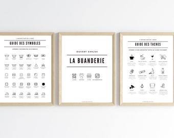Set of 3 laundry room posters, Laundry guide - laundry room, washing machine symbol, Clothing instructions - Wall decoration