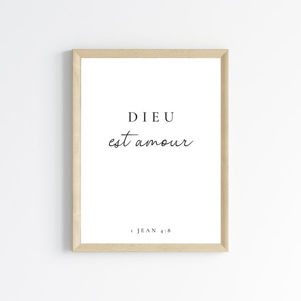 Affiche Dieu est amour - 1 Jean 4:8 - Verset biblique en français - Art mural chrétien - Décoration chrétienne par Les Petits PDF