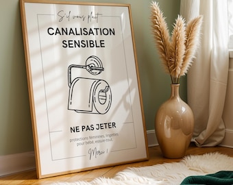 Toilet sign: Do not flush down the toilet. Sensitive drain. (French)